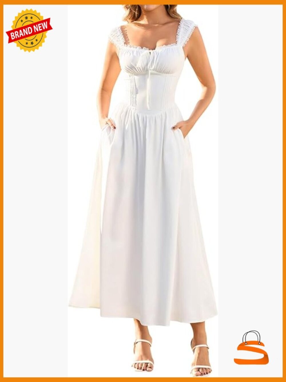 Lace Corset Midi Dress Tie Flowy Summer Wedding Guest Dress with Pockets